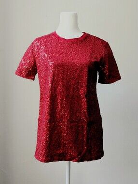 DKNY Sparkling Red Full Body Sequin Crewneck Short Sleeve Tee